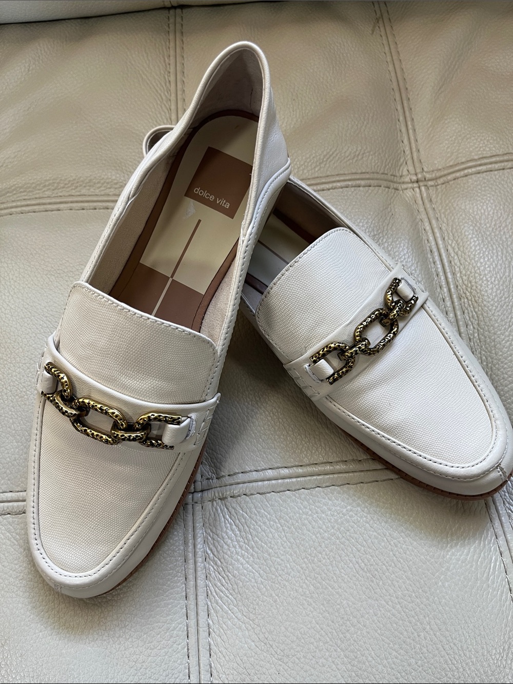 Dolce Vita Ivory Leather Loafers with Gold Hardware Size 9.5